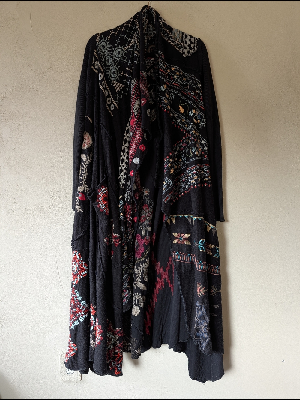 Johnny Was Black Long Cardigan with Multicolor Embroidery, Flowy With 2 Pockets.